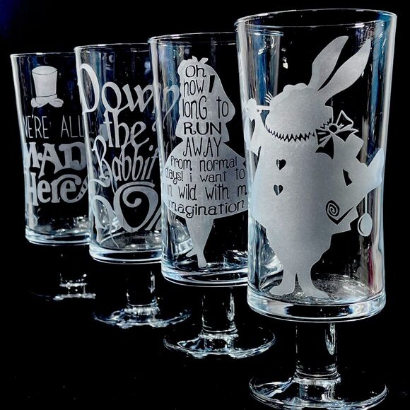Alice In Wonderland Parfait Etched Glass Set of 4 Custom Made Footed Clear OOAK - Picture 1 of 10